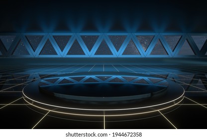 Dark Outer Space Room With Empty Stage, 3d Rendering. Computer Digital Drawing.