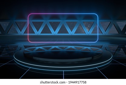 Dark Outer Space Room With Empty Stage, 3d Rendering. Computer Digital Drawing.