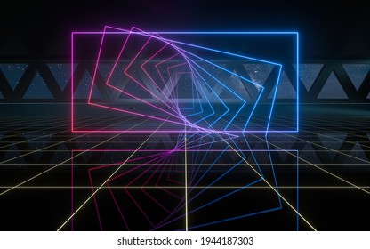 Dark Outer Space Room With Neon Lights, 3d Rendering. Computer Digital Drawing.