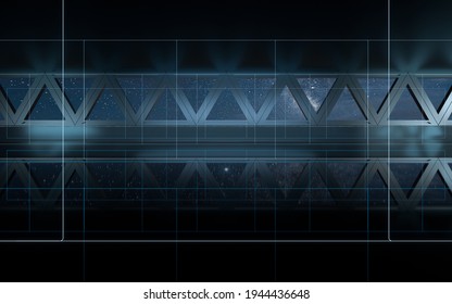 Dark Outer Space Room With Neon Lights, 3d Rendering. Computer Digital Drawing.