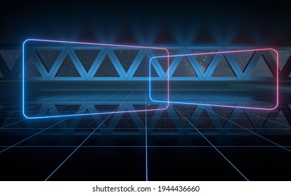 Dark Outer Space Room With Neon Lights, 3d Rendering. Computer Digital Drawing.