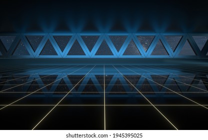 Dark Outer Space Room With Neon Lights, 3d Rendering. Computer Digital Drawing.