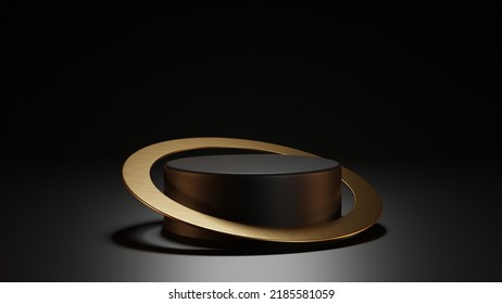 Dark Pedestal Spotlight Stage Scene Studio With Gold Ring, Luxury Black Podium 3d Background.