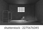 Dark prison cell with bunk bed, chair and metal bars on window 3d render. Realistic interior of jail room with concrete walls and sunlight on floor. Cage for criminals and prisoners. 3D Illustration