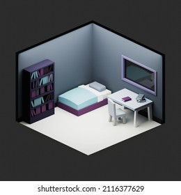 Dark Purple Bedroom Isometric Low Poly 3d Rendering.