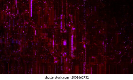 Dark Purple Digital Glitch Background With Trippy Abstract Psychedelic Code. Futuristic Concept 3D Illustration Banner Backplate For Video Game And Crypto Mining Cryptocurrency Or Bot Trading Template