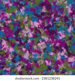 Dark purple, rich purple, light mauve,   french blue and camo green chaotic brush strokes. Bird feather imitation. Seamless pattern. 庫存插圖