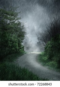 Dark Rainy Landscape With A Forest Road