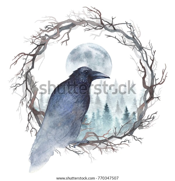 木の枝の花輪にすわる黒い烏と 月が昇る冬の森が背後にある 水彩イラスト のイラスト素材
