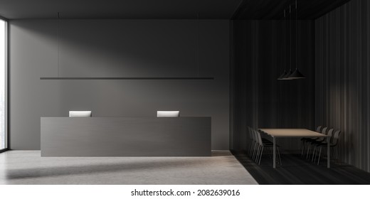 Dark reception room interior with grey concrete floor, waiting space with seats and table on wooden floor. Reception entrance with office desk and guest corner, 3D rendering