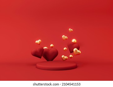 Dark red podium with hearts and golden balls. Valentine's Day. Podium for product, cosmetic presentation. Mock up. Pedestal or platform for beauty products. 3D illustration.