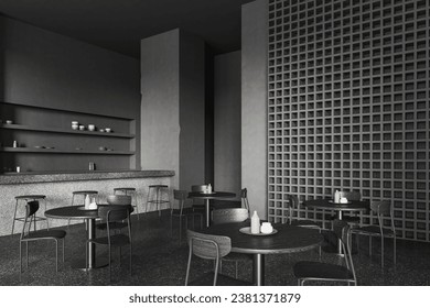 Dark restaurant interior with dining table and chairs in row, grey granite floor. Stone counter and bar stool, side view built-in wall shelf with dishes. 3D rendering