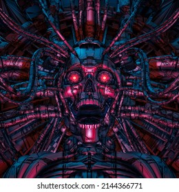 Dark Robotic Skeleton - 3D Illustration Of Science Fiction Screaming Robot Skull Connected To A Computer Core