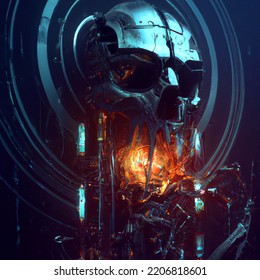 Dark Robotic Skeleton Digital Illustration Of Science Fiction Screaming Robot Skull Connected To A Computer Core. Steam Punk Style Poster, Concept Art Design.