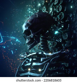 Dark Robotic Skeleton Digital Illustration Of Science Fiction Screaming Robot Skull Connected To A Computer Core. Steam Punk Style Poster, Concept Art Design.