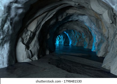 The dark rock tunnel and light illuminated in the end  3d rendering  Computer digital drawing 