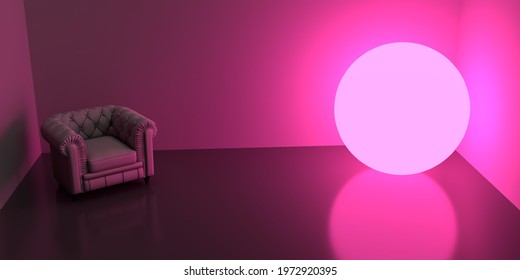 A dark room with an armchair in the left side and a glowing purple sphere lamp in the right side. 3d render