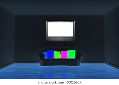 dark room with black couch with colored cushion and LCD tv