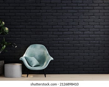 Dark Room With Clinker Bricks Background. Brick Wall In Black Color. A Turquoise Teal Armchair And A Small Gray Table - Lounge Living Room. 3d Rendering