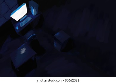 Dark Room With Computer.