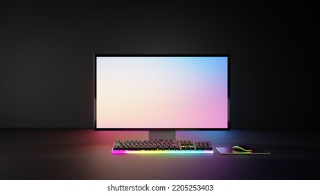 Dark Room Gamer Computer Desktop With RGB Lights. PC Computer Light Screen Mockup, Gaming Keyboard. 3d Rendering Illustration