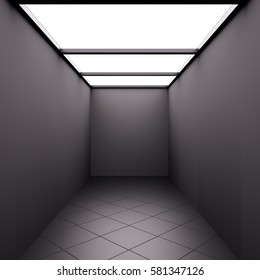 Dark Room Illuminated Through Ceiling Window Or Soft Light Source Wide Angle Black And White 3d Illustration