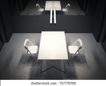 Dark Room For Interrogation With Two White Chairs And Table. 3d Rendering