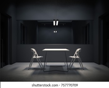 Dark room for interrogation with two white chairs. 3d rendering