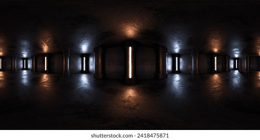 Dark Room With Multiple Wall Lights 360 panorama vr environment map. 3D Illustration