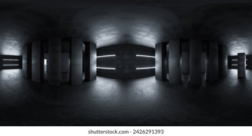 Dark Room With Multiple Wall Lights 360 panorama vr environment map. 3D Illustration