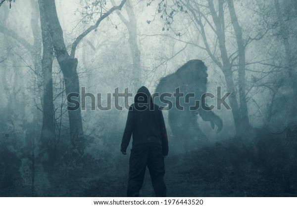 A dark scary\
concept. Of a man watching a mysterious bigfoot figure, walking\
through a forest. Silhouetted against trees. On a foggy winters\
day. With a grunge, textured edit.\
