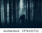 A dark scary concept. Of a mysterious bigfoot figure, walking through a forest. Silhouetted against trees in a forest. With a grunge, textured edit. 