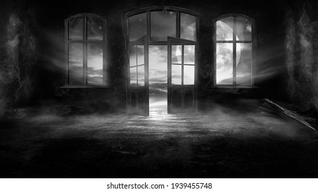 Dark Scary Fantasy Room With Windows And Doors. Big Moon, Night Sky View, Rays Of Moonlight. Old Concrete Walls And Old Windows. Reflection Of Light On The Floor, Neon Light. 3D Illustration. 