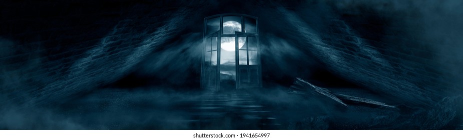 Dark Scary Fantasy Room With Windows And Doors. Big Moon, Night Sky View, Rays Of Moonlight. Old Concrete Walls And Old Windows. Reflection Of Light On The Floor, Neon Light. 3D Illustration. 