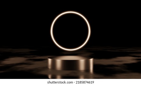 Dark Scene Black Pedestal On Wet Ground With Glowing Circle As Ornament, Empty Stage For Product.