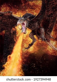 Dark scene with a fantasy dragon flying near a ruined tower and breathing fire. 3D illustration.