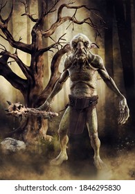 Dark scene with a fantasy goblin holding a mace and standing by a tree in the forest. 3D illustration.