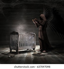 Dark Scene With Old Cradle And Scary Angel. 3D Illustration.