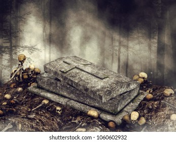 Dark scene with an open coffin surrounded by skulls and bones in the woods. 3D illustration.