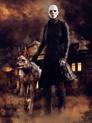 Dark Scene With An Undead Man Walking With His Zombie Dog At Night Near A Victorian Mansion. 3D Illustration.