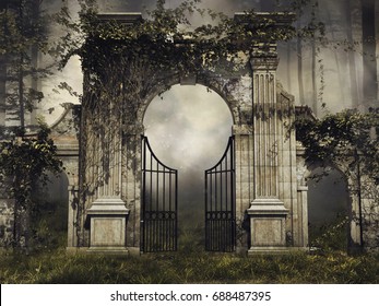 Dark Scenery With A Gothic Garden Gate And Vines In A Forest. 3D Illustration