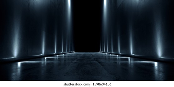 Dark Sci Fi Concrete Alien Futuristic Big Huge Long Hallway Tunnel Corridor Blue Lights Cinematic Empty Space Background Garage Spaceship Night Virtual 3D Rendering Illustration