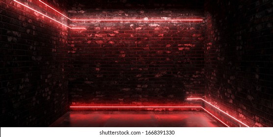 Dark Sci Fi Modern Futuristic Empty Grunge Brick Wall Room Red glowing Lights Concrete Floor Neon Horizontal Line Light Shapes Empty Space 3D Rendering Illustration