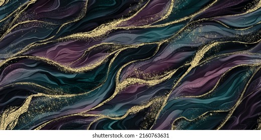 Dark seamless pattern. Alcohol ink golden texture, blue, green, purple, pink, burgundy color. Luxury mural, wallpaper, paper, wall, cloth, fabric printing, packaging design. 3d digital art, background - Powered by Shutterstock