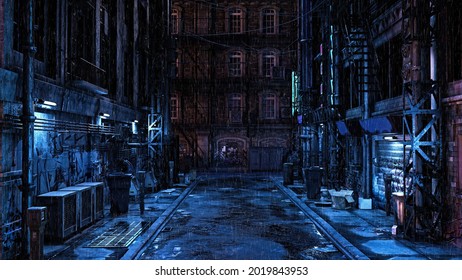 Dark seedy futuristic urban back street alley at night in the rain. Cyberpunk concept 3D illustration.