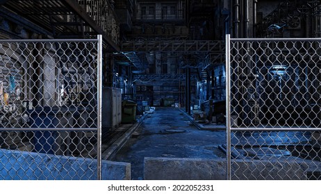 Dark seedy futuristic urban back street alley viewed through chain link fence at night. Cyberpunk concept 3D illustration.
