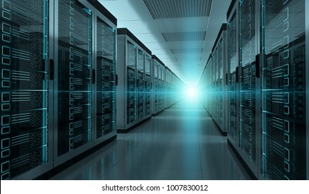 Dark Server Room Data Center Storage Interior 3D Rendering