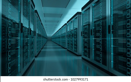 Dark Server Room Data Center Storage Interior 3D Rendering