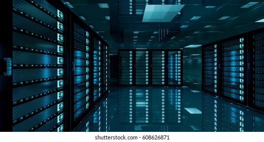 Dark Server Room Data Center Storage With Blue Lights 3D Rendering