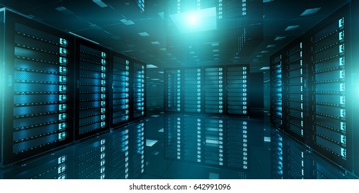 Dark server room data center storage with blue lights 3D rendering